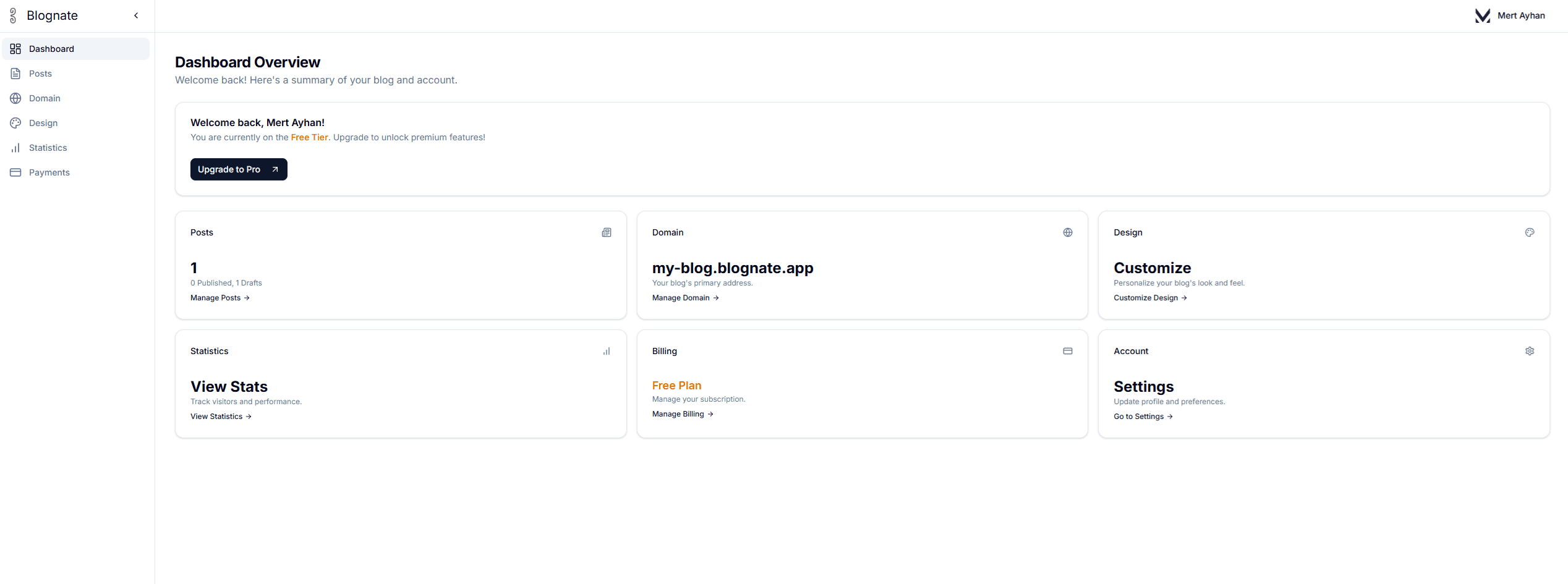 Blognate application interface example - Light theme