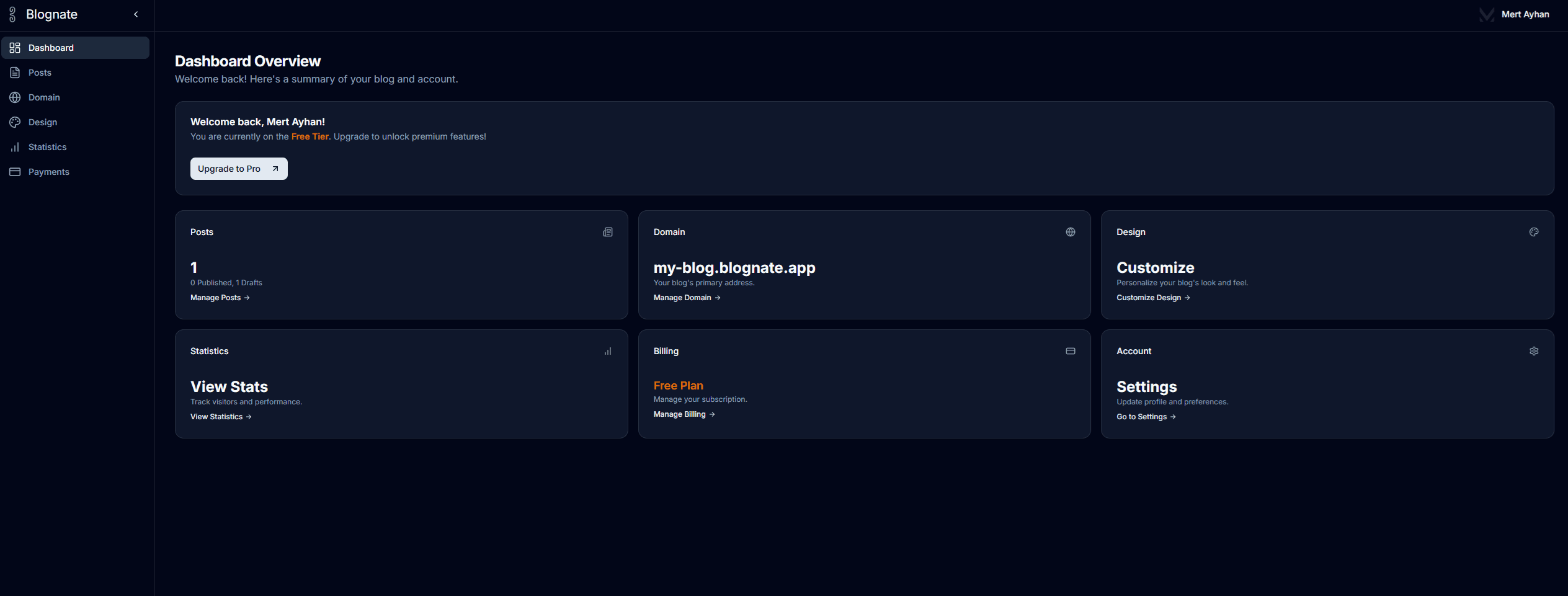 Blognate application interface example - Dark theme