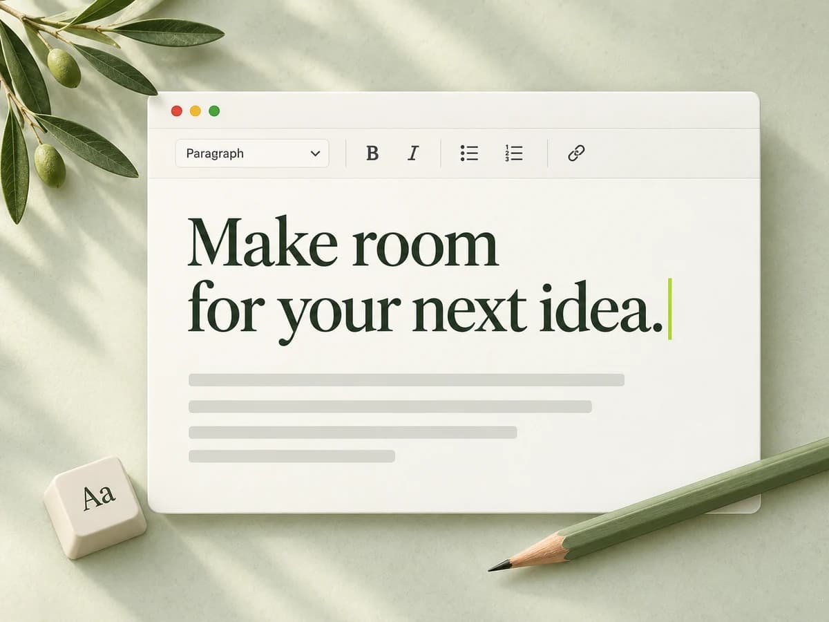 A Blognate writing page with a formatting toolbar, green pencil, and the words Make room for your next idea.